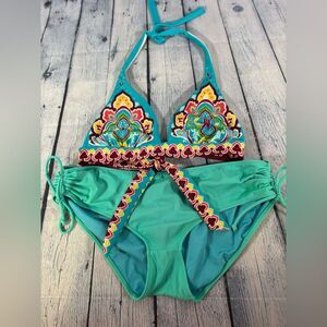 VINTAGE Victoria’s Secret Teal Mandela Boho Halter Top and Solid Bottom Bikini M